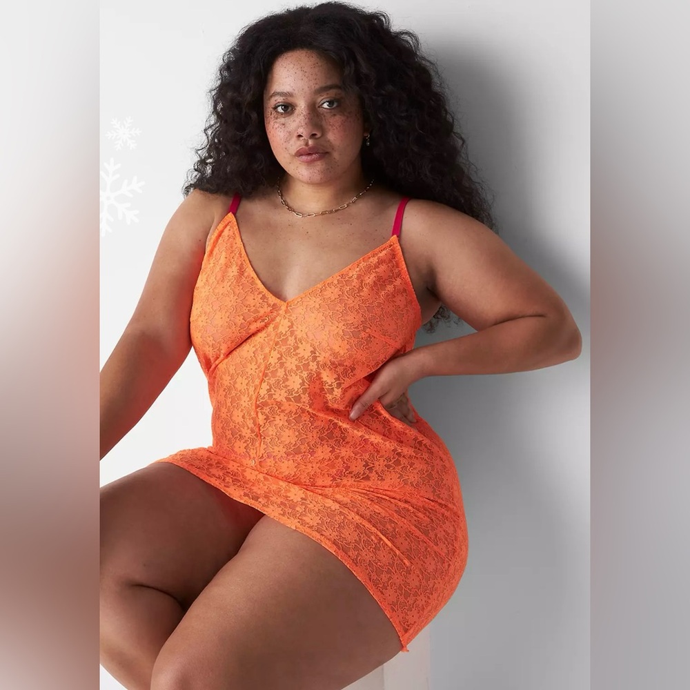 NWT CACIQUE Orange Lace Chemise, Neon Orange/Hot Pink, 18/20